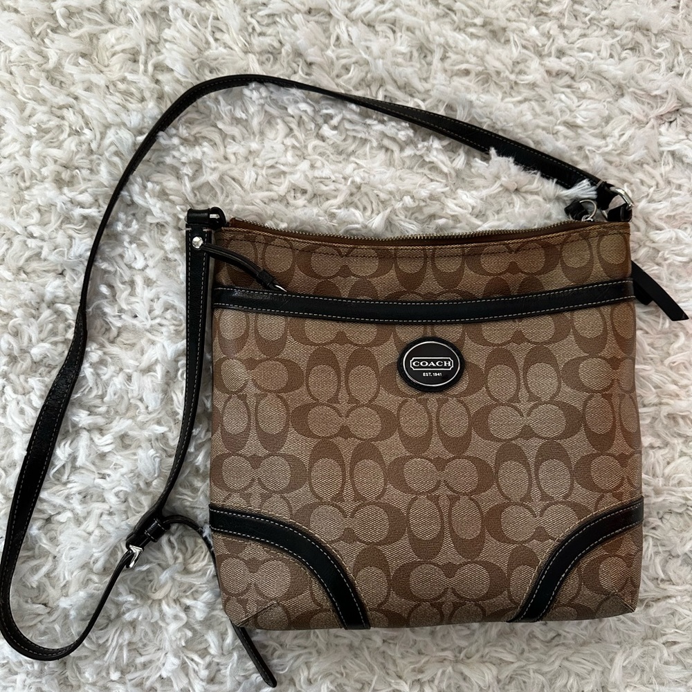 Coach Brown and Tan Crossbody Bag with Monogram Pattern